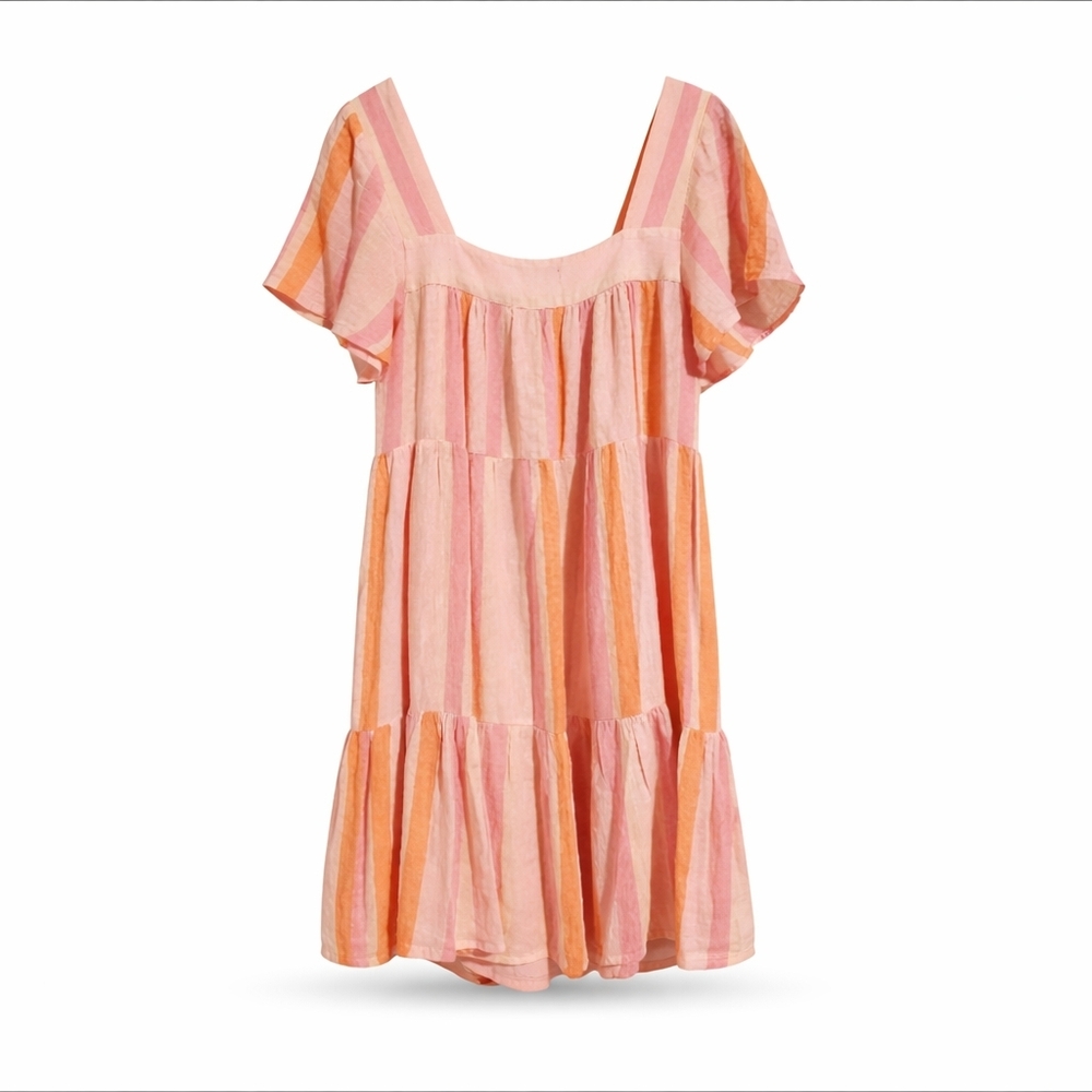 Rails Dawn Stripe Mini Dress XS Pink Peach Boho Tiered Flutter Sleeve Chic - Picture 6 of 11